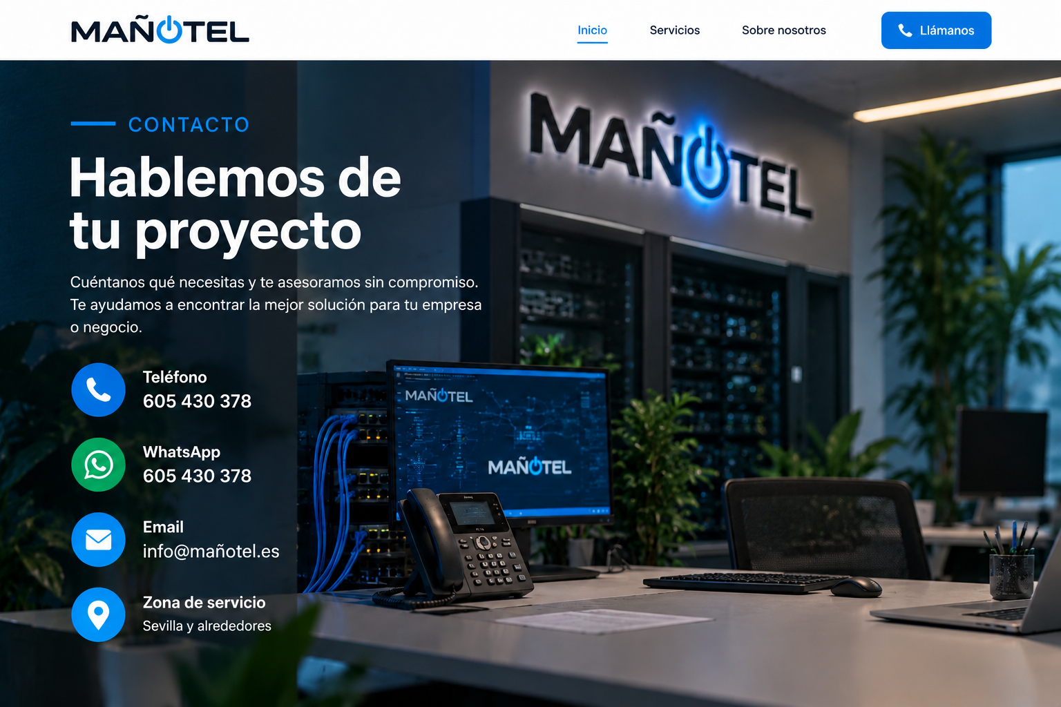 Contacto MAÑOTEL con teléfono, WhatsApp, email y zona de servicio